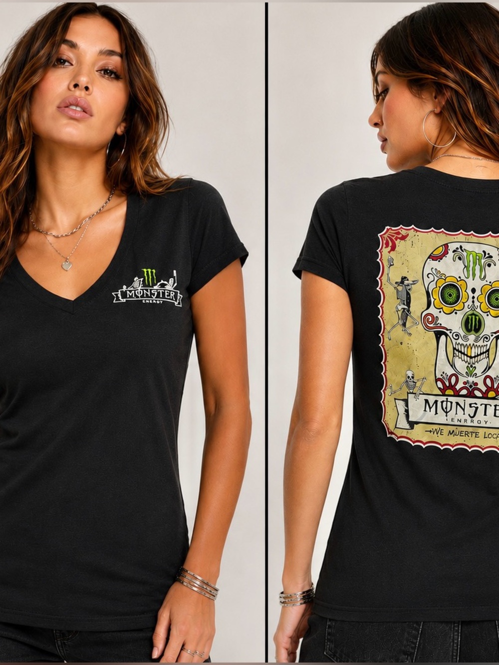 Monster Energy Sugar Skull Y2K V-Neck Graphic Tee Black Size M